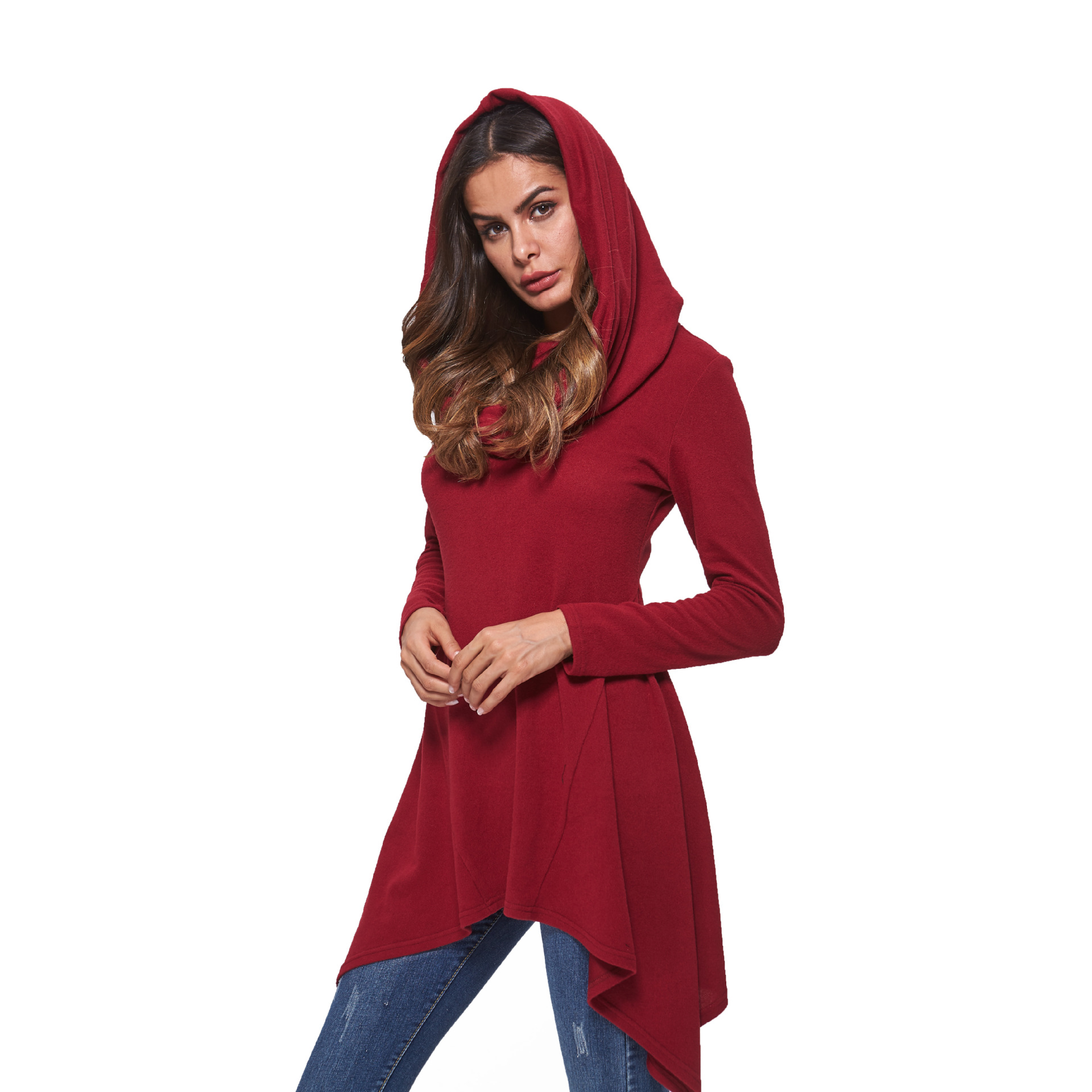 SZ60181-1 asymmetrical sweater dress for women cowl neck hooded knitwear